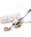 Three Quarter Ton Rope Puller Come Along Winch With 100 Ft Rope for tree felling and hauling, shown with coiled rope and metal hooks