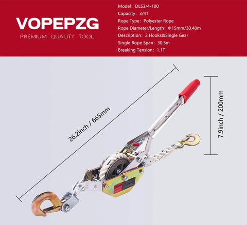 Three Quarter Ton Rope Puller Come Along Winch With 100 Ft Rope showing measurements and features for tree felling and hauling boats