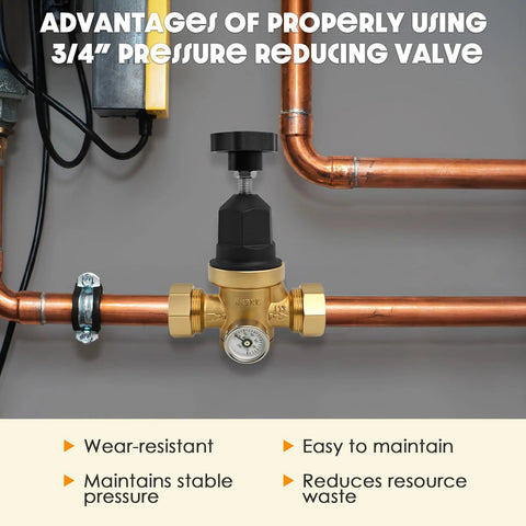 Adjustable water pressure regulator with 3/4-inch valve and gauge, ideal for efficient residential or commercial plumbing solutions.