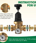 adjustable water pressure regulator with visual gauge for residential and commercial use, showing installation instructions and components
