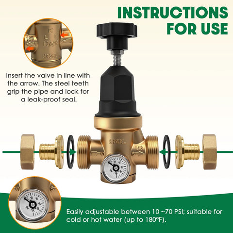 adjustable water pressure regulator with visual gauge for residential and commercial use, showing installation instructions and components