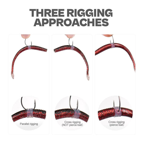 Pro Grade Heavy Duty Silicone O Tubes For Senko Worms Bait Protection Kit With Quick Install Tool Shields Soft Plastics From Bass Teeth And Hooks Keeps Bait Intact 3X Longer Fits Small Medium Large Senko Worms 120 150 180 Pack showing three rigging approaches for Senko worms.