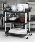 Three shelf utility cart on wheels for garage workshop office and home use 225 lbs capacity durable polypropylene shelves easy to clean