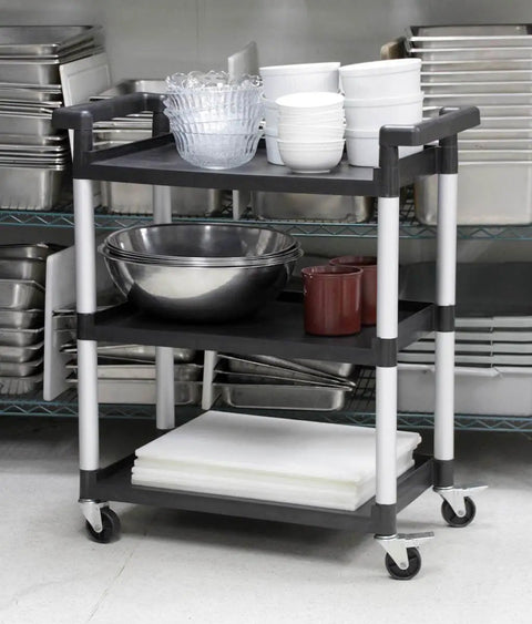 Three shelf utility cart on wheels for garage workshop office and home use 225 lbs capacity durable polypropylene shelves easy to clean