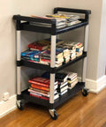 Three Shelf Utility Cart On Wheels For Garage Workshop Office And Home Use 225 Lbs Capacity Durable Polypropylene Shelves