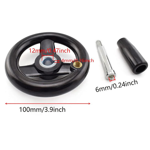 Three Spoke Round Hand Wheel With Detachable Hand Crank And Handle, 3.94 Inch Diameter, showing 100mm wheel, 12mm bore, 4mm keyslot.