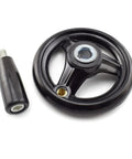 Three Spoke Round Hand Wheel with detachable hand crank and handle, 3.94 inch diameter, for woodworking and machinery applications.
