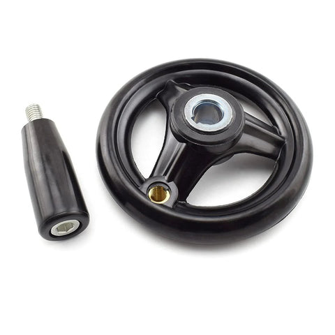 Three Spoke Round Hand Wheel with detachable hand crank and handle, 3.94 inch diameter, for woodworking and machinery applications.