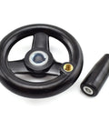 Three Spoke Round Hand Wheel With Detachable Hand Crank And Handle, 3.94 Inch Diameter, shown with detachable handle.