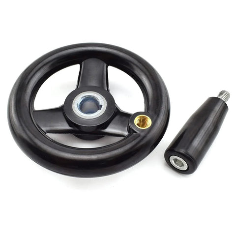 Three Spoke Round Hand Wheel With Detachable Hand Crank And Handle, 3.94 Inch Diameter, shown with detachable handle.