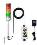 Luz de señalización Andon de tres niveles LED con zumbador integrado para líneas de producción industrial; indicadores rojo, amarillo y verde en modos encendido, apagado y parpadeo; interruptor selector ABB; adaptador de corriente Mean Well; cables de extensión de 1,8 m y 4,8 m; Andon «plug and play»