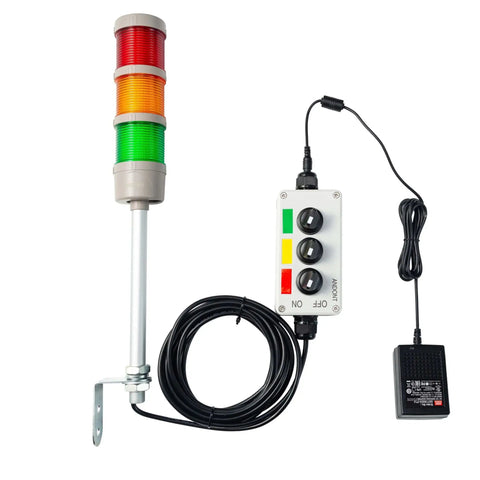 Three Stack LED Andon Tower Signal Light For Industrial Workstations Red Yellow Green With On Off ABB Selector Switch and power adapter