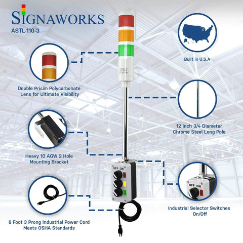 Three Stack LED Andon Tower Light With Red Amber Green Signals, Industrial Grade Indicator, 8 Foot Power Cord, Plug And Play Ready
