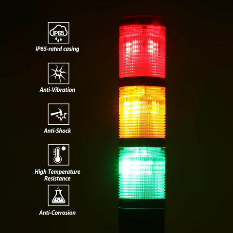 Three-Stack LED Andon Tower Light With Red Amber Green LEDs For Clear Status, Plug And Play Ready, 6 Foot Power Cord, IP65 Weather Resistant, 85 dB Buzzer, Easy Installation For Factory Automation And Safety Alarms Zuomeng, highlighting red, amber, green LEDs, and durability features.