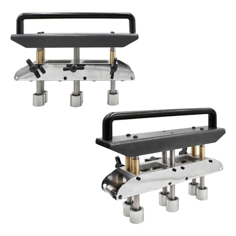 Front and side view of Three Station Edge Roller Bender for sheet metal bending, 0 to 90 degree angles, with V shaped roller brake.