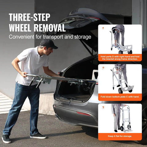Three-step wheel removal demonstration for ✝️ Aluminum Truck, 2 in 1, 800 lbs Load Capacity, Heavy Duty Industrial Convertible Folding Hand Truck and Dolly.