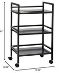 Three Tier Metal Rolling Utility Cart With Open Shelves For Quick Access And Grab And Go Mobility Ideal For Kitchen Bathroom And Workshop Durable Metal Construction In Black From Amazon Basics, with measurements shown.