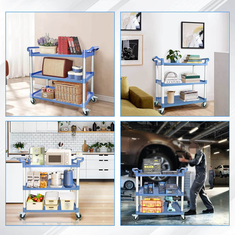 Heavy Duty Kitchen Cart With Wheels For Restaurant And Office used in various settings, three tier, steel, lockable wheels
