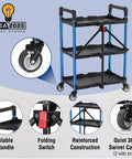 Three Tier Collapsible Service Cart With Wheels For Garage Warehouse Home And Office Foldable Utility Cart Holds Up To 210 Lbs No Assembly Required Portable Durable Easy Out Of The Box WORKPRO, showing stable handle and folding switch