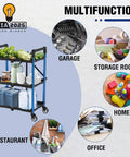 Three Tier Collapsible Service Cart With Wheels For Garage Warehouse Home And Office Foldable Utility Cart Holds Up To 210 Lbs No Assembly Required Portable Durable Easy Out Of The Box WORKPRO in use for various settings with dishes, tools, and office supplies.