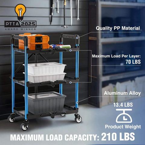 Three Tier Collapsible Service Cart With Wheels For Garage Warehouse Home And Office Foldable Utility Cart Holds Up To 210 Lbs No Assembly Required Portable Durable Easy Out Of The Box WORKPRO with aluminum alloy frame and quality PP material