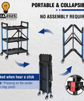 Three Tier Collapsible Service Cart With Wheels For Garage Warehouse Home And Office Foldable Utility Cart Holds Up To 210 Lbs No Assembly Required Portable Durable Easy Out Of The Box WORKPRO shown folding and locking mechanism.