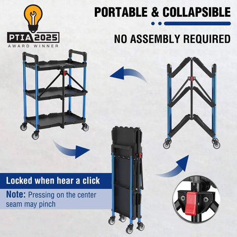 Three Tier Collapsible Service Cart With Wheels For Garage Warehouse Home And Office Foldable Utility Cart Holds Up To 210 Lbs No Assembly Required Portable Durable Easy Out Of The Box WORKPRO shown folding and locking mechanism.