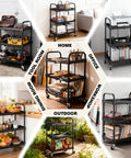 Heavy Duty Three Tier Folding Utility Cart With Four Swivel Wheels And Brakes For Kitchen Office Garage And Garden, 120 Lbs Capacity, Collapsible Rolling Storage Cart, Black From DUMOS displayed in various settings like tool room, home, office, workshop, dining room, and outdoor garden.