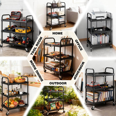 Heavy Duty Three Tier Folding Utility Cart With Four Swivel Wheels And Brakes For Kitchen Office Garage And Garden, 120 Lbs Capacity, Collapsible Rolling Storage Cart, Black From DUMOS displayed in various settings like tool room, home, office, workshop, dining room, and outdoor garden.