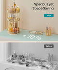 Three Tier Round Rotating Makeup And Skincare Organizer For Countertop Vanity In Champagne Gold with products compared before and after