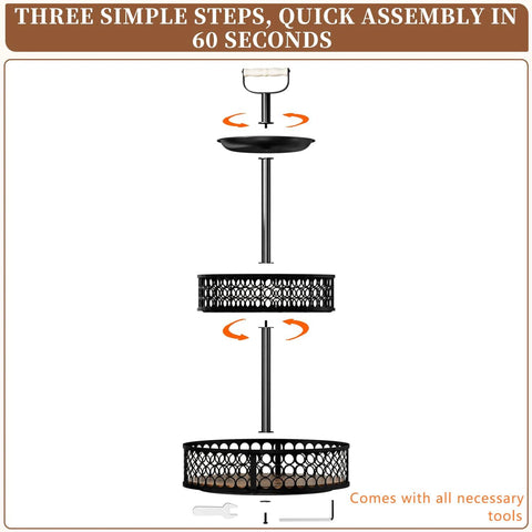 Exploded view of Three-Tier Lazy Susan Organizer With Detachable Metal Rotating Spice Rack, showing assembly process in three steps.