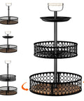 Three-Tier Lazy Susan Organizer With Detachable Metal Rotating Spice Rack, heavy-duty 360-degree rotation shown in tiers and arrows.