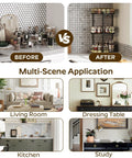 Before and after comparison of Three Tier Lazy Susan Organizer on kitchen counter, with additional applications in living room, dressing table, kitchen, and study.