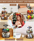Three-Tier Lazy Susan Organizer With Detachable Metal Rotating Spice Rack shown in kitchen, living room, coffee counter, and bathroom.