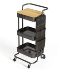 Three Tier Metal Utility Rolling Cart With Table Top And Side Bags Mesh Tray Storage Organizer On Wheels With Four Hooks