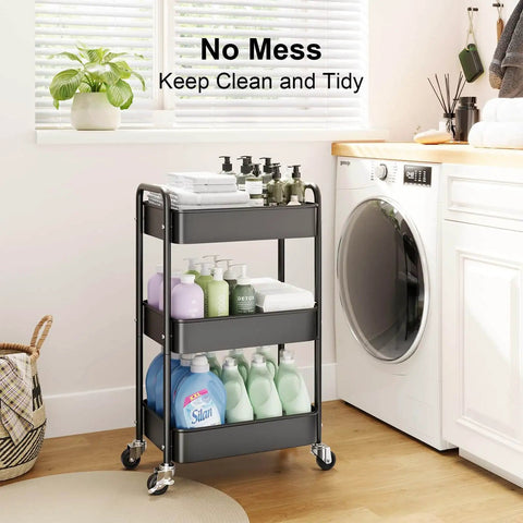 Three Tier Rolling Cart On Wheels, Heavy Duty Metal Utility Trolley With Lockable Wheels in a laundry room setting