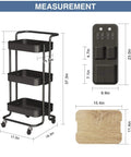 Dimensions of Three Tier Metal Utility Rolling Cart With Table Top And Side Bags Mesh Tray Storage Organizer On Wheels