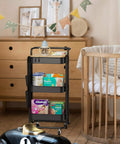 Black three-tier metal utility rolling cart with tabletop, side bags, mesh trays, storage organizers, hooks, in nursery