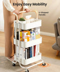 Three Tier Mesh Rolling Utility Cart With Handle And Lockable Wheels For Kitchen Office And Living Room White Finish Pipishell Metal Storage Cart With Versatile Shelves For Easy Organization