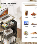 Three Tier Metal Utility Rolling Cart With Table Top And Side Bags Mesh Tray Storage Organizer On Wheels With Four Hooks
