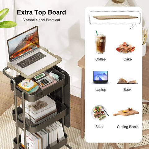 Three Tier Metal Utility Rolling Cart With Table Top And Side Bags Mesh Tray Storage Organizer On Wheels With Four Hooks