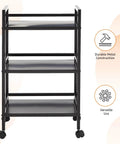 Front view of Three Tier Metal Rolling Utility Cart with Open Shelves for Quick Access and Grab and Go Mobility, black metal construction.