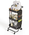 Three Tier Metal Utility Rolling Cart With Table Top And Side Bags Mesh Tray Storage Organizer On Wheels With Four Hooks Super Handy For Kitchen Bathroom Office Or Living Room Black Finish Durable Steel Construction with sewing supplies.