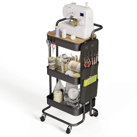 Three Tier Metal Utility Rolling Cart With Table Top And Side Bags Mesh Tray Storage Organizer On Wheels With Four Hooks Super Handy For Kitchen Bathroom Office Or Living Room Black Finish Durable Steel Construction with sewing supplies.