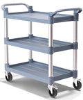 Heavy Duty 3 Tier Plastic Utility Cart With Wheels For Commercial Kitchen Office And Catering Thirty Nine And A Half Inch Long By Nineteen And A Quarter Inch Wide Rolling Service Cart With Lockable Wheels Six Hundred Pound Capacity Durable Transport Cart