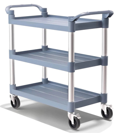 Heavy Duty 3 Tier Plastic Utility Cart With Wheels For Commercial Kitchen Office And Catering Thirty Nine And A Half Inch Long By Nineteen And A Quarter Inch Wide Rolling Service Cart With Lockable Wheels Six Hundred Pound Capacity Durable Transport Cart