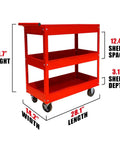 Three Tier Stainless Steel Service Cart With Smooth Rolling Wheels For Garage, Warehouse, And Workshop, 400 Pound Capacity