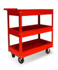 Front view of Three Tier Stainless Steel Service Cart With Smooth Rolling Wheels For Garage, Warehouse, And Workshop, 400 Pound Capacity.