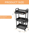 3 Tier Rolling Utility Cart With Drawer On Wheels For Kitchen Bathroom Living Room And Office Must Have Space Saving Multi Functional Storage Organizer Black By REBECAT, showing size measurements