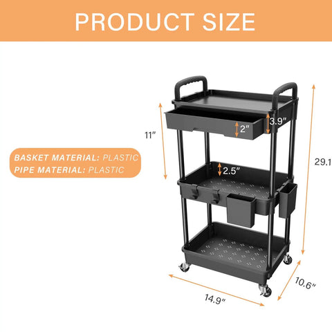 3 Tier Rolling Utility Cart With Drawer On Wheels For Kitchen Bathroom Living Room And Office Must Have Space Saving Multi Functional Storage Organizer Black By REBECAT, showing size measurements